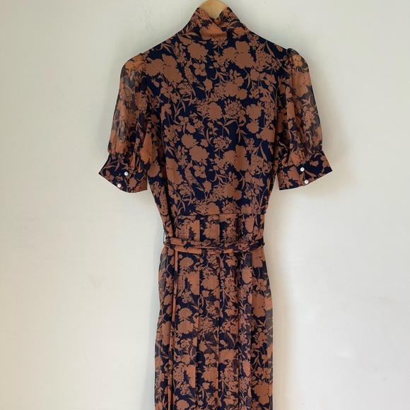 1901 Floral Print Pearl Button Pleated Chiffon Midi Dress L - Picture 4 of 13